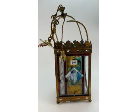 Victorian Gothic Brass and Leaded glass hall lantern,glass panels complete but mishaped within frame 
