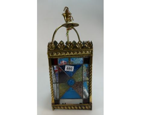 Victorian Gothic Brass and Leaded glass hall lantern,glass panels complete but mishaped within frame 