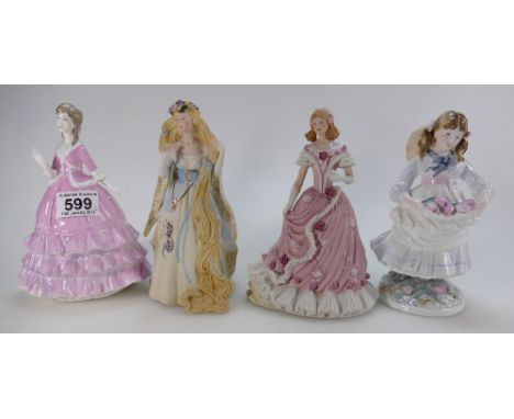 A collection of figures including Wedgwood Rapunzel, The Coronation Ball (chip), Coalport Childhood Days anjd Royal Worcester