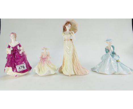 Coalport Lady Figures to include Hayley, Winsome, similar item with umbrella and damaged figure May Ball. (4)