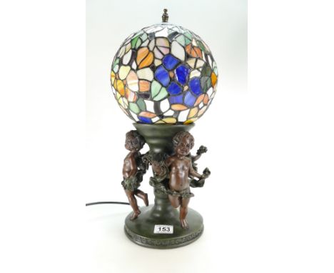 Reproduction table lamp with leaded glass shade and cherub decoration to base. 