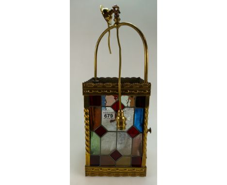 Victorian Gothic Brass and Leaded glass hall lantern,glass panels complete but mishaped within frame 
