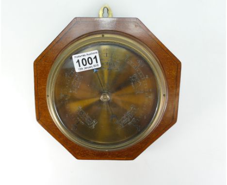 brass faced round mahogany wall barometer mounted on octagonal mahogany inlaid plaque