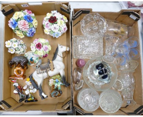 A mixed collection of items to include ceramic flower pots, unbranded ceramic model of horse, Merano glass clowns, Crown Staf