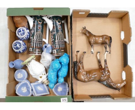 A mixed collection of ceramic items to include damaged Beswick horses, 20th Century Oriental lying dogs, Wedgwood Jasper Ware