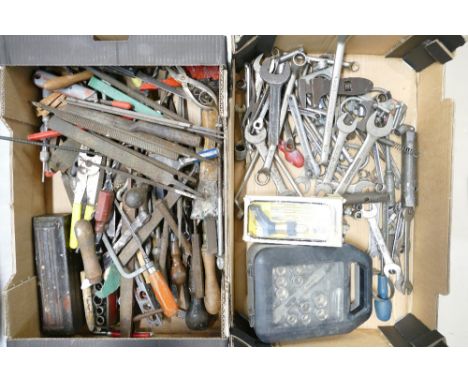 A mixed collection of DIY tools to inlcude - saws, planes, spanner sets, socket sets, etc. Two trays.