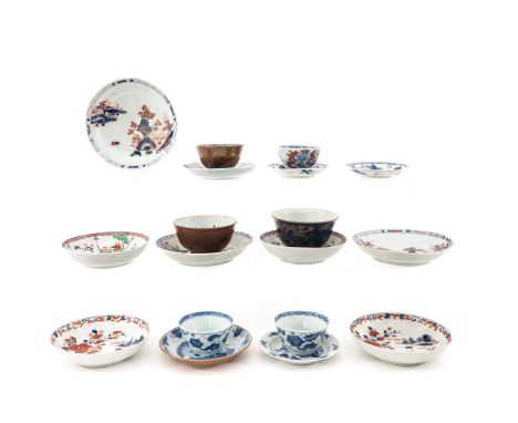 Including 6 cups and 12 saucers in a variety of decors, including 18th Century, largest saucer is 14 cm. in diameter, in dive