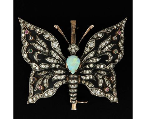 silver on gold depicting butterfly 19th century set with many diamonds and opal 7 x 10 mm width 60 mm.