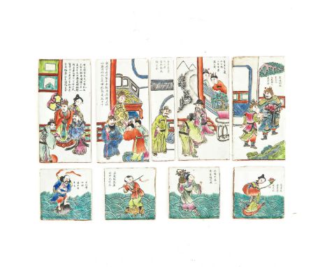 Depicting Chinese figures, largest tile is 26 x 13 cm., 1 with small restoration on corner.
