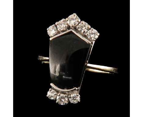 Set with onyx 10 x 13 mm surrounded by brilliant cut diamonds total 0.30 Ct. ring size 18