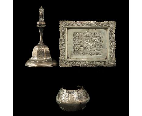 3 pieces including Dutch silver table bell 19th century height 16 cm.