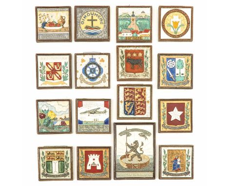consisting of 16 cloisonne tiles, marked De Porceleyne Fles, including a commemorative tile National Aviation Fund 1934, larg