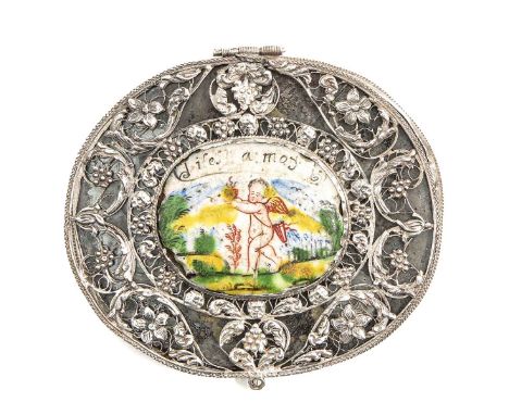 17th century, silver, with enamel representation of Amor, 9 x 8 cm.