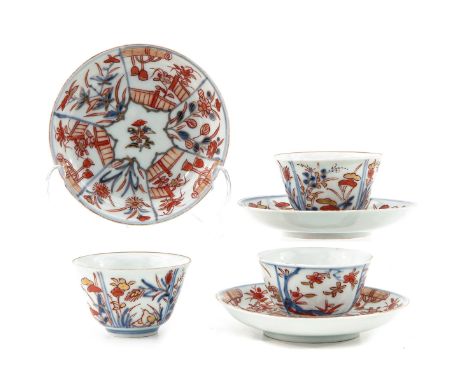 Floral decor, 18th Century, saucers are 11 cm. in diameter, chip and hairline.