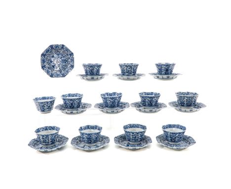 Blue and white floral decor, 18th Century, jade mark, saucers are 13 cm. in diameter, in diverse conditions.