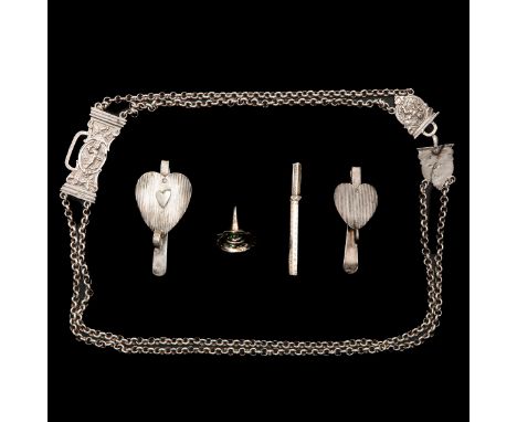 consisting of silver belt needle case perfume funnel and 2 bag hooks 19th century with ribbed work