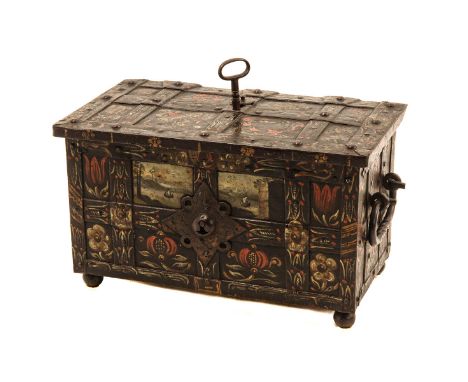 rare small model, 17th century, wrought iron, with painting of tulips, 41 x 24 x 22 cm.