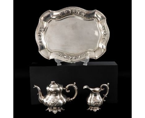 Dutch silver second amount consisting of tray teapot and milk jug maker's mark G.F. Bauer Utrecht tray length 37 cm.