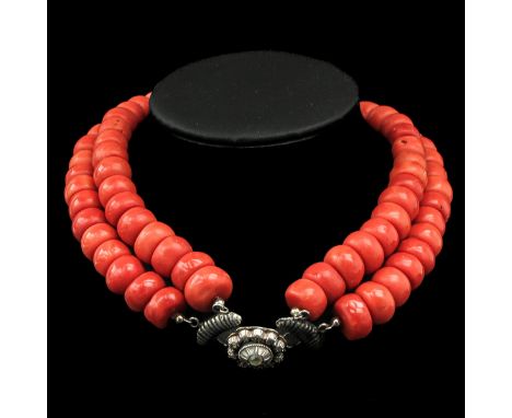 with 2 rows of 19th century red coral clasp of silver on gold set with diamonds from West Frisian costume diameter beads 11 -