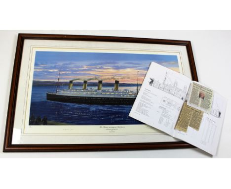 Print: Titanic arriving at Cherbourg by Simon Fisher 777/850 signed by 2 survivors 
