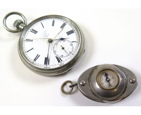 Nickel pocket watch (glass cracked) with a nickel compass 