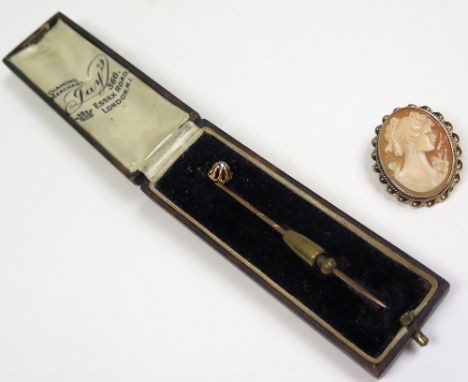 Diamond Tie Pin with 0.15pt Diamond plus 9ct Cameo Brooch