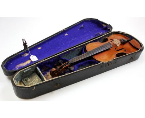 19th century German Violin with two piece flamed back and inlaid purfling. Length heel to button is 37.4. In fitted period wo