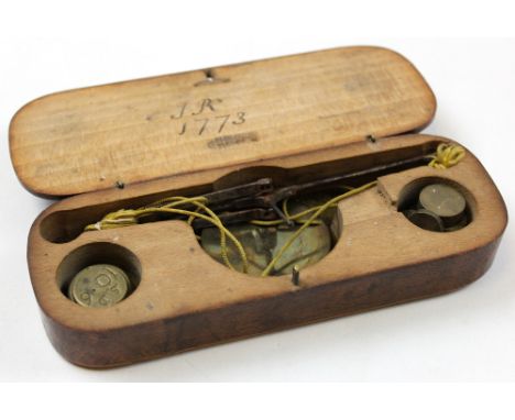 Coin scales. A set of coin scales, circa late 18th century, with eleven weights, all contained in original mahogany box, 'JR 