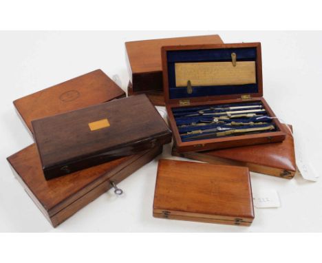 Eight drawing / compass sets, each in mahogany box, containing numerous compasses