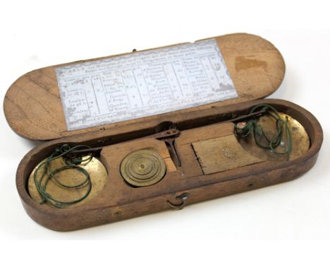 Coin scales. A set of French coin scales, circa late 18th century, with five weights, all contained in original mahogany box