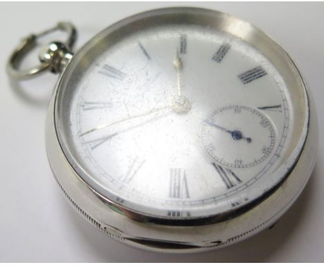 Silver open face Pocket watch , hallmarked Birmingham 1897 . The white enamel dial with black roman numerals, surrounded by a