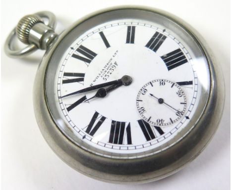 Nickel Military open face pocket watch by H.Williamson Ltd London with matched S/No. 53739F on the reverse/side and dial, whi
