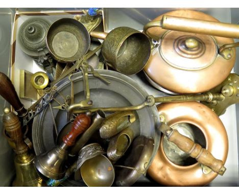 Quantity of copper, brass and pewter, to include candle sticks, scales, kettles, etc., (in two large boxes)