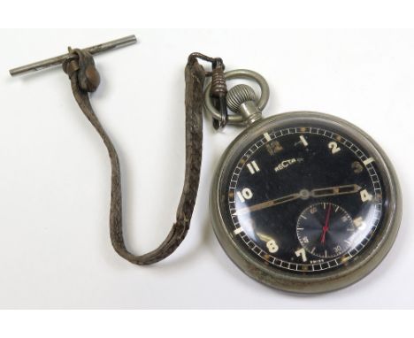 Recta Military Pocket Watch, black faced with two dials, reverse stamped 'G.S.T.P. F020591'. And W/D arrow stamped. a/f