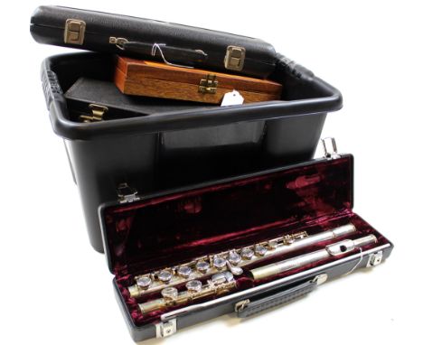 Collection of seven instruments, including a Romilly Graduate flute, a Blessing Elkhart flute and a Buffet Crampon Cooper Sca