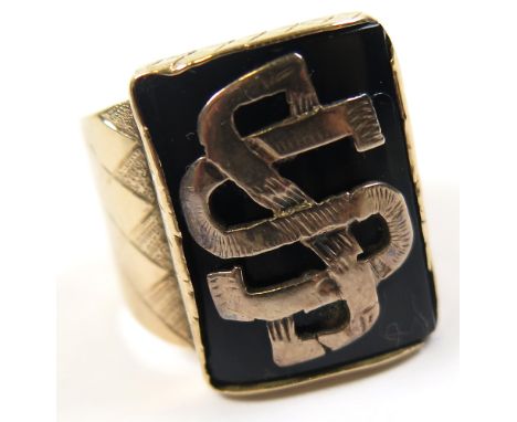 Yellow metal Ring (tests as14ct) with monogramed black enamel lozenge, size J weight 6.9 grams