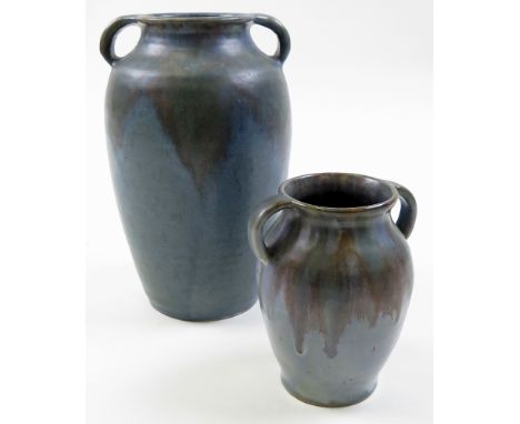 Two Blue Ceramic Vases with Handles by Up Church, Height 25cm & 14cm approx.