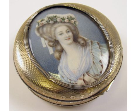 Continental Silver (tests at 82.5%) Box with Gilt Interior, lid inset with portrait of Madame de Laybelle weight approx 7.5 o