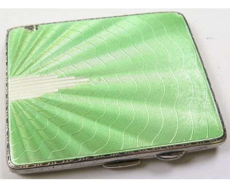 Silver cigarette case with a light green enamelled lid (slight damage to enamel top left), hallmarked Birmingham 1935 by Alex