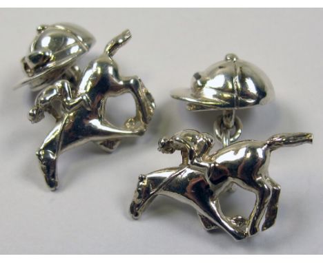 Pair of Silver Cufflinks in the form of a Jockey on Horseback/Jockeys Cap