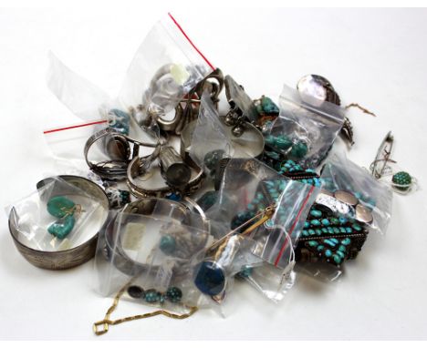 Assortment of mainly mixed Navajo jewellery, includes silver bangles, earrings, cufflinks etc, many with turquoise