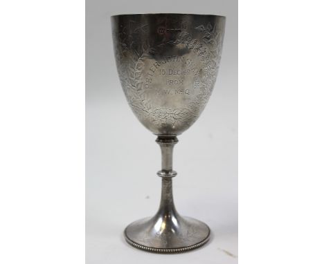Large silver goblet, hallmarked 'JFFFF, Sheffield, 1882', engraved to side ' Peter John Shannon, 15 Dec 49, From K. W. Mc Q',