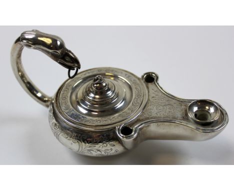 Early Victorian Silver table lighter in the form of a Roman oil lamp with snake handle & glass insert, Hallmarked London 1846