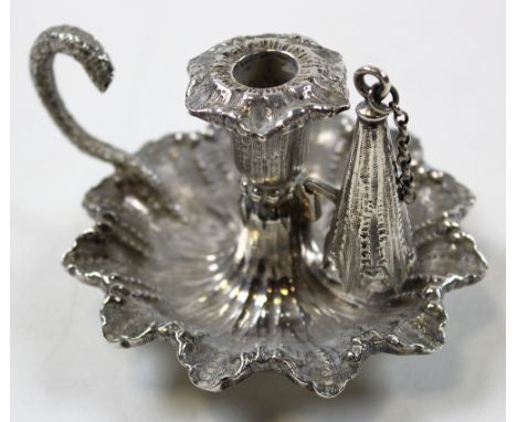 William IV silver chamber stick with matching drip pan to the candle holder and complete with snuffer, Hallmarked London 1832