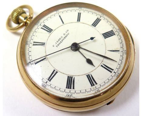 18ct gold open face pocket watch by F James & Co Troedyrhiw and hallmarked Chester 1902. The white enamel dial applied with b