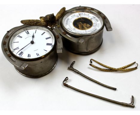 Mappin & Webb combined clock and barometer with horse shoe surrounds and gilt foxes head, 'Mappin & Webb, London' to clock di