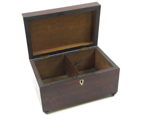 Early 19th century mahogany tea caddy with bone escutcheon and rounded feet