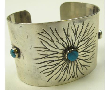 Sterling Silver Signed AC (Alberto Contreras) Handmade Navajo Cuff Bangle, set with three Turquoise stones
