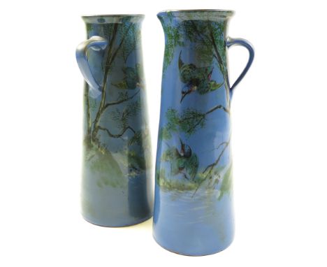 Pair of large Blue Ceramic Ewers with Handle, Depicting Kingfishers, Makers mark to base unreadable, Height 39cm approx
