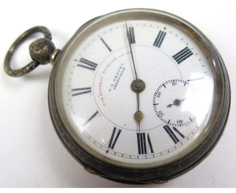 Gents Silver Pocket Watch by Graves Sheffield,white enamel face with black Roman numerals and a second hand